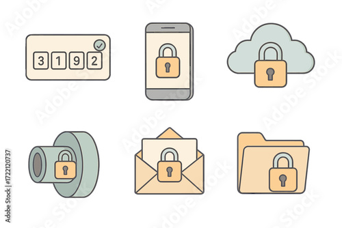 Online Protection Icons. Isometric vector illustration set of online protection icons: two-factor authentication code, smartphone