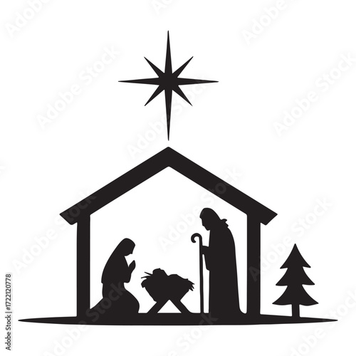 Religious Nativity Silhouette Scene Celebrating Christmas Night