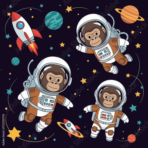 Adorable cartoon astronaut chimpanzees exploring outer space with rockets and planets