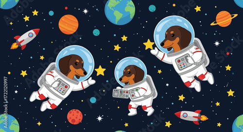 Playful dachshund astronauts in vibrant space with planets stars and rockets A fun cosmic adventure