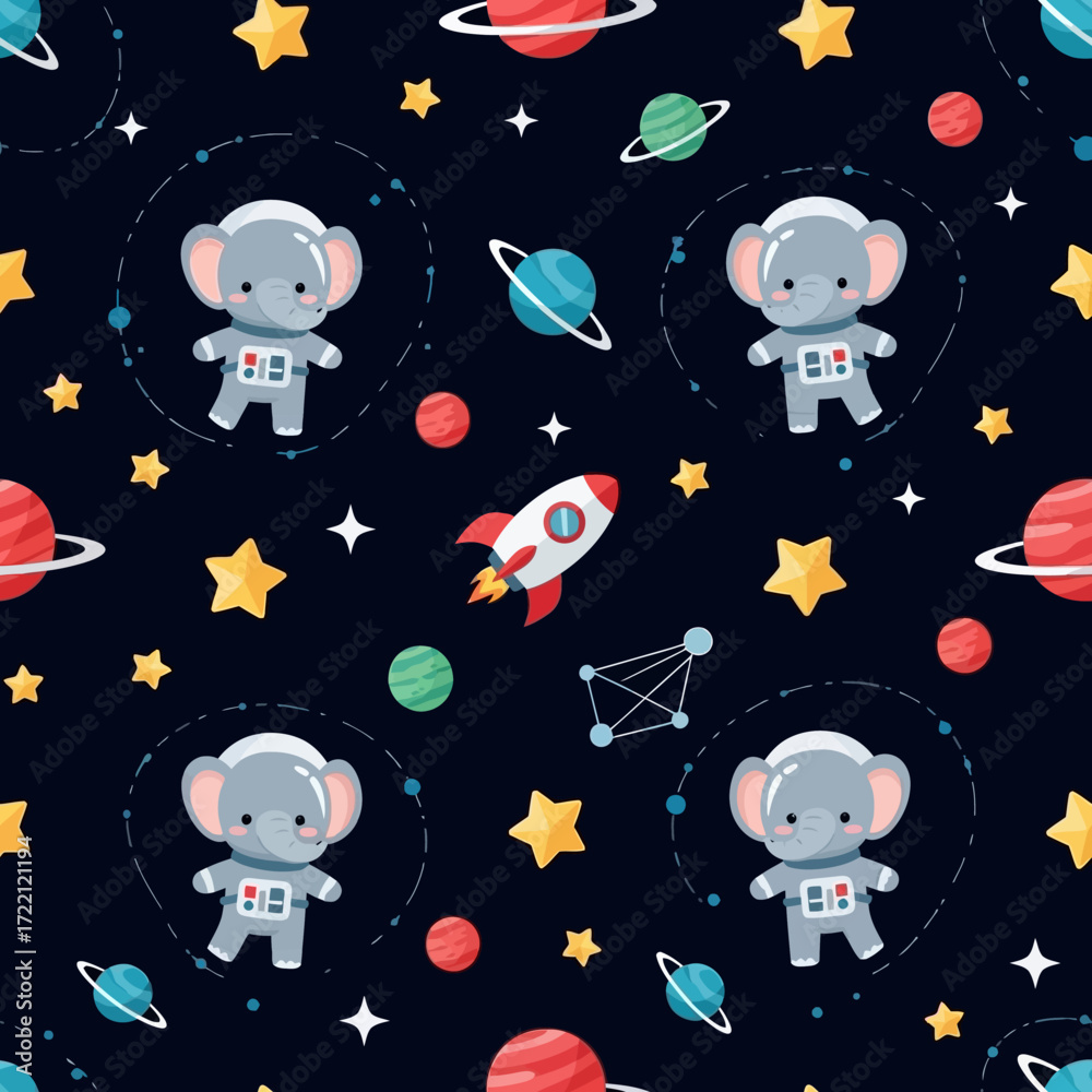 Elephants in space between rockets and planets