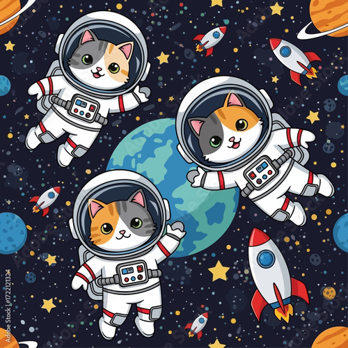 Cute cartoon astronaut cats floating in space with Earth rockets and stars Fun adventure