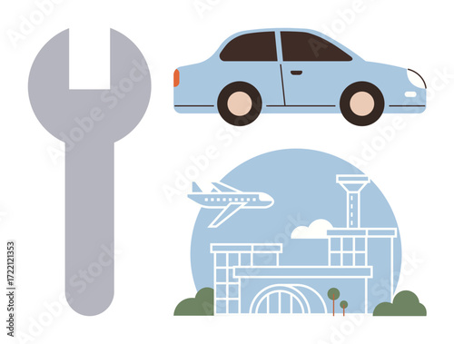 Light blue car, large gray wrench, airplane flying over airport terminal with round frame. Ideal for transportation, travel, maintenance, repair, logistics aviation automotive themes. Simple flat