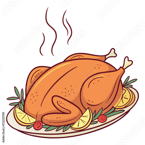 Roasted Thanksgiving Turkey on a Plate with Garnishes and Steam Rising.