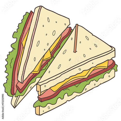 Two Delicious Triangle Sandwiches with Ham Cheese and Lettuce.