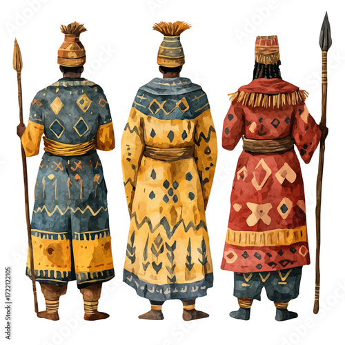 Nigerian Tribal Costumes, watercolor drawing vector, isolated on a white background.