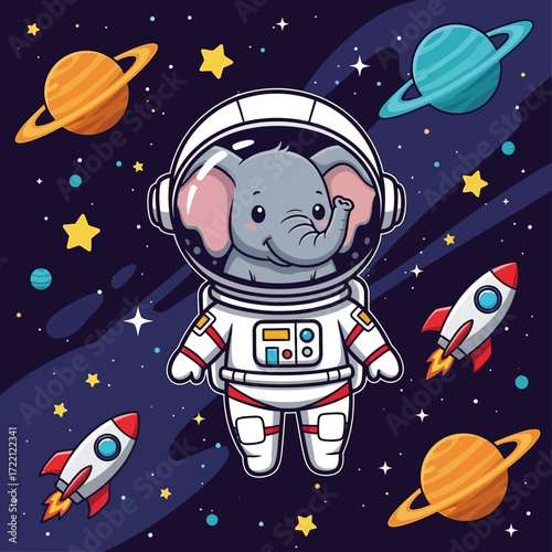 Adorable elephant astronaut explores starry galaxy with planets and rockets Kids space adventure