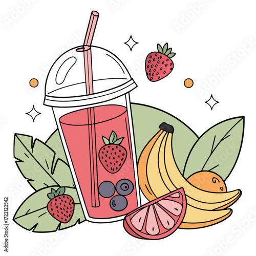 Refreshing Strawberry-Blueberry Smoothie in Plastic Cup with Fruit.