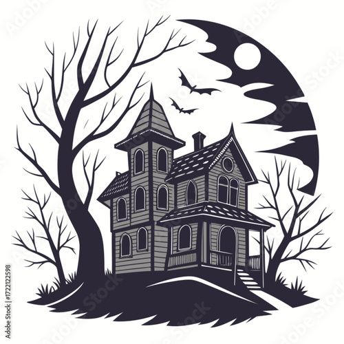 Vintage spooky haunted house illustration with bare trees flying bats and a full moon dark gothic style.
