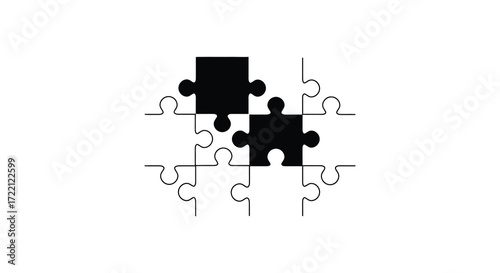 Black puzzle pieces connecting on a white background represent completion