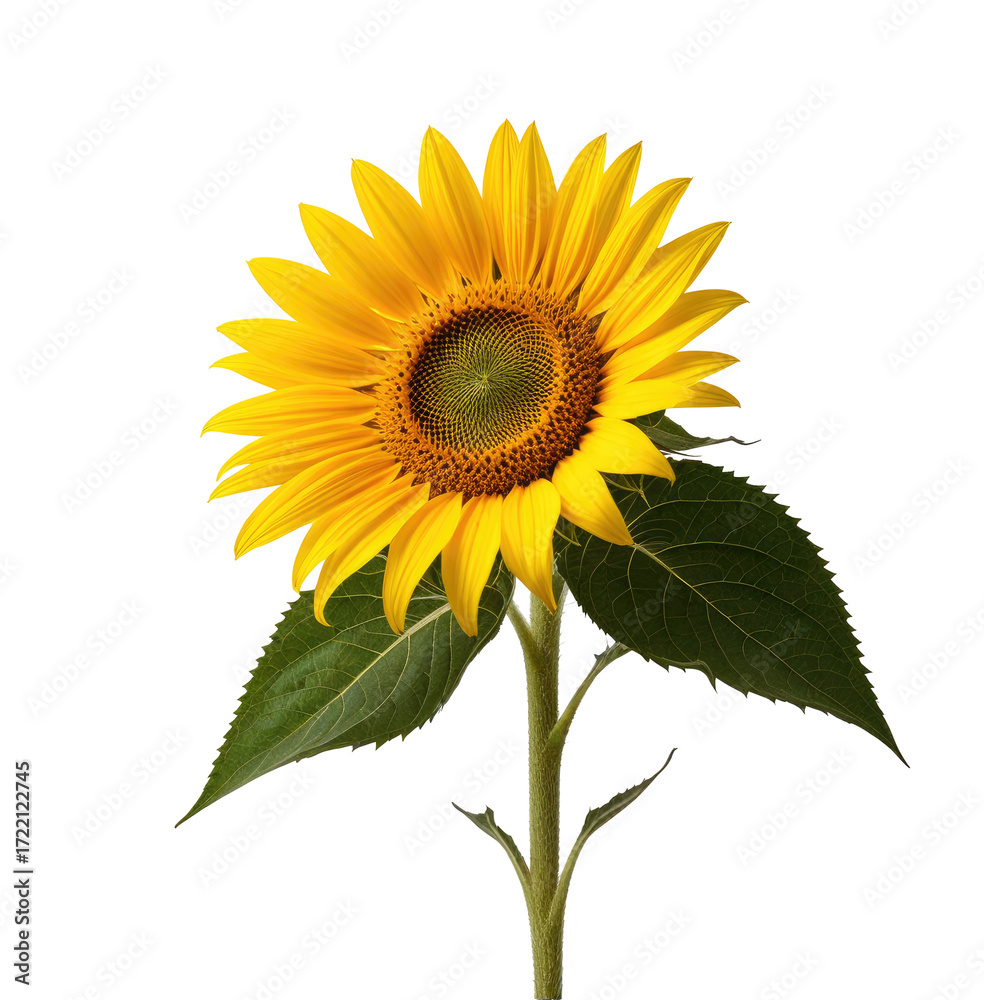 Fototapeta premium Single sunflower bloom, studio shot, black background, nature