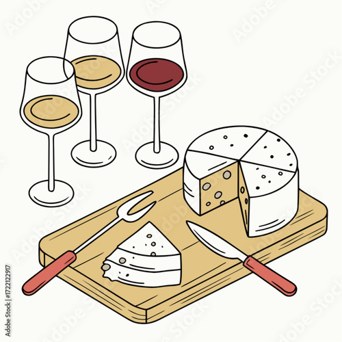 Artisanal Cheese Wheel with Wine Glasses and Cutlery.