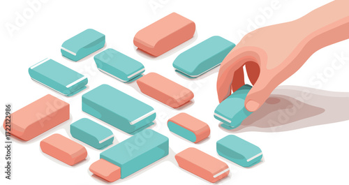 Hand holding eraser, colorful school stationery, multiple pink and blue erasers, educational supplies illustration, learning tools, office equipment, creative design