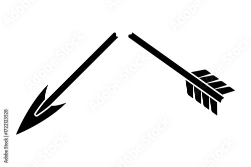 Broken bow arrow. Black silhouette. Side view. Vector simple flat graphic illustration. Isolated object on a white background.