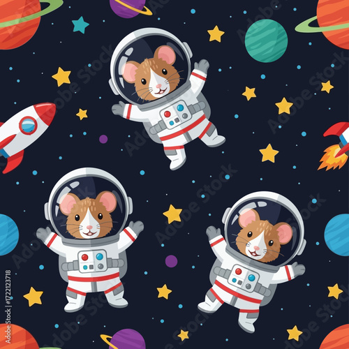 Cute astronaut hamsters in space with planets and rockets perfect for kids themes or textiles