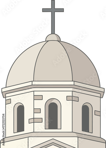 A beautiful church dome crowned with a cross under a bright blue sky, symbolizing Christian faith, spirituality, divine guidance, and hope.