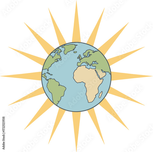 A luminous Earth radiating with a sunburst, symbolizing global spiritual wellness, environmental consciousness, international unity, and a sustainable future.