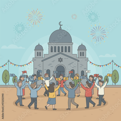 A joyful Jewish community waving flags and dancing in front of a synagogue, celebrating a vibrant festival with fireworks, symbolizing unity and faith.
