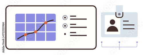 Data chart features trend line and key metrics alongside an ID badge with photo info. Ideal for analytics, performance, security, monitoring, identification, access control, simple flat metaphor