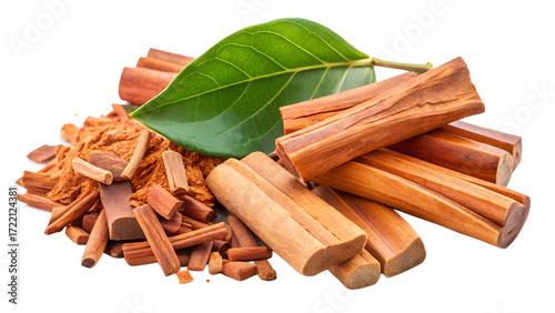 Aromatic sandalwood sticks and powder with a green leaf, commonly used in incense, perfumes, and traditional medicine isolated on transparent background