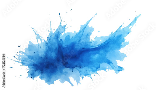 Blue ink splashes and blots on white background with watercolor texturea