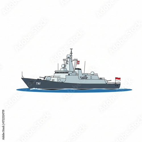 An Indonesian Navy warship sailing on the sea with national flags displayed.
