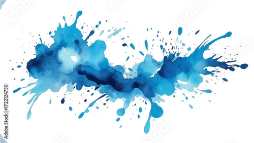 Blue ink splashes and blots on white background with watercolor texturea