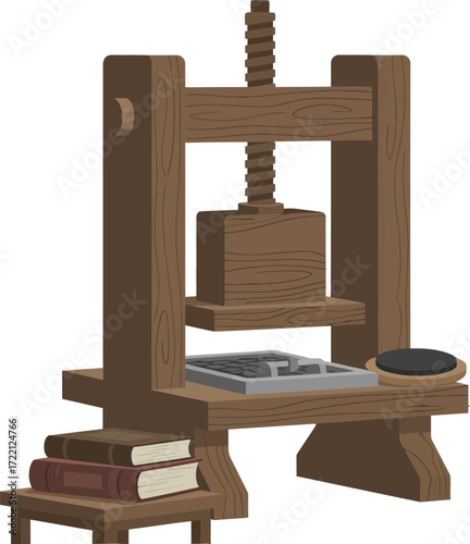 An iconic vintage printing press with stacked books and fresh prints, symbolizing the historical impact of communication, knowledge, and literature.