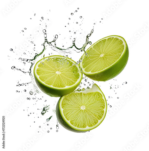 Limes splashing water, studio shot, background black, food ad
