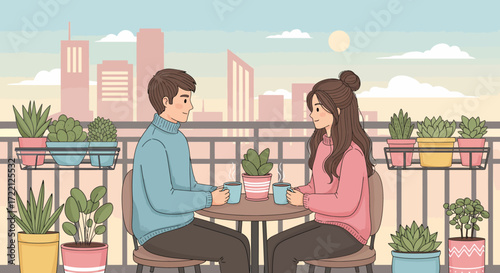 A serene illustration of a young couple's daily life scenes, enjoying a quiet morning with coffee on a city balcony garden