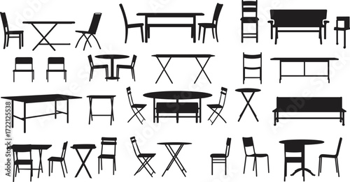 Furniture silhouettes collection, chairs and tables vector set, dining furniture icons, restaurant furniture graphics, home decor vector, black simple design