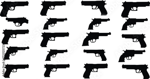Collection of black pistol silhouette vector icons, handgun illustrations, revolver shapes, firearm symbols, modern guns, weapon set for security, defense, police, military design projects