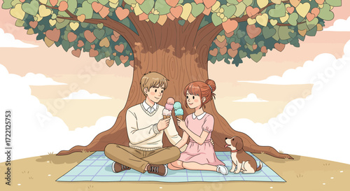 Sweet Couple's Daily Life Scenes Ice Cream Picnic Under Heart Tree