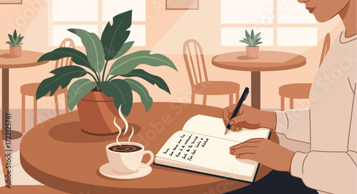 Capturing the essence of daily life scenes in a cozy cafe, reflecting moments of peace and creativity through journaling