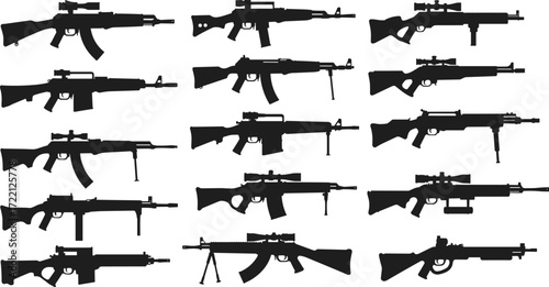 Black silhouette vector collection of rifles, military assault weapons, sniper guns, automatic firearms, tactical combat rifles, security defense firearm icons for design projects