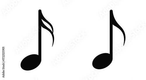 Two black musical notes floating against a plain white background