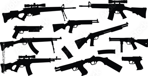 Collection of black silhouette vector guns, rifles, pistols, modern firearm icons, military weapon set, tactical security illustration, defense equipment design elements for projects