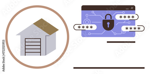Locked browser tab with passwords and circuit design, garage icon symbolizing digital safety. Ideal for data security, home security, encryption, privacy, digital safety, password safety, simple flat