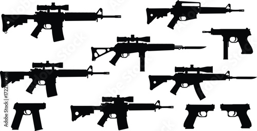 Collection of black silhouette vector rifles and pistols, modern firearm icons, military weapon set, tactical gun illustration, security equipment design elements for projects 