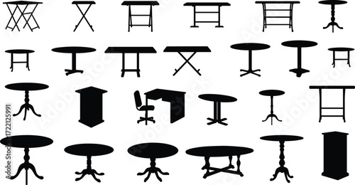 Collection of black silhouette vector tables, round dining furniture, office desk icons, modern interior design set, minimalist home decor illustration elements