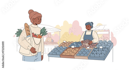 Daily life scenes Exploring fresh produce at the local farmers market - A vibrant shopping experience