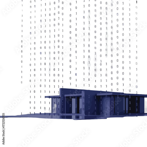 Abstract digital binary code overlaying a dark blue modern house architectural rendering data technology