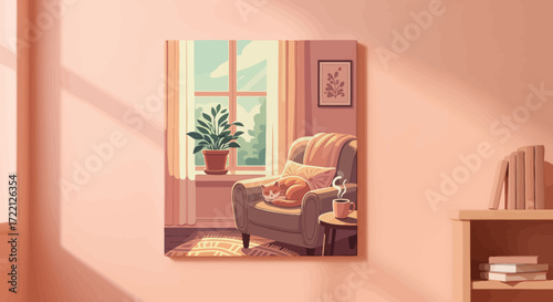 Cozy interior artwork on a wall, capturing the serene beauty of everyday moments and tranquil daily life scenes with a cat relaxing