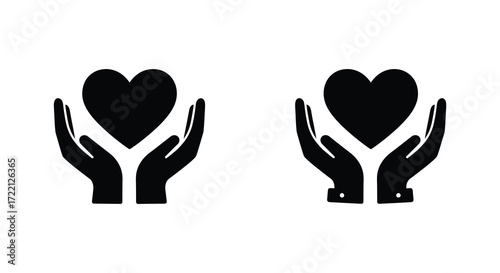 Two pairs of hands gently cradling heart symbols in black
