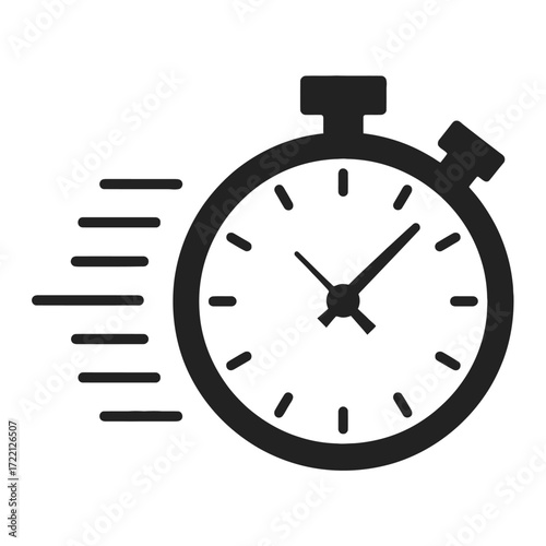 Black and white minimalist icon of a stopwatch with motion lines indicating speed time fast 1