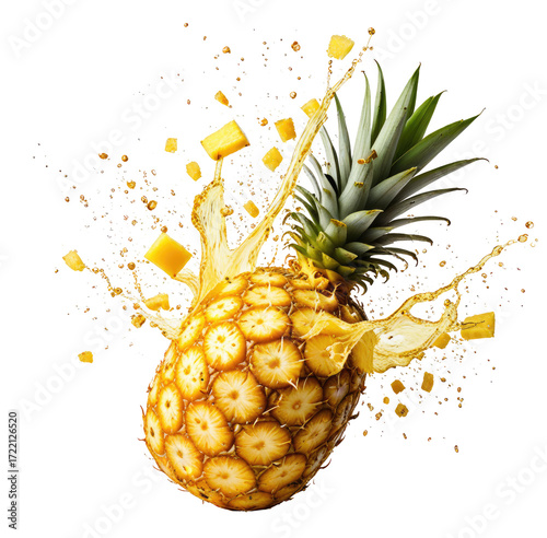 Pineapple juice splash burst, tropical fruit, dark background, advertising