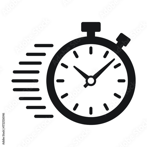 Black and white minimalist icon of a stopwatch with motion lines indicating speed time fast