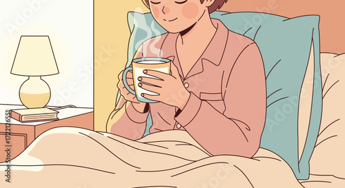 Gentle illustration of daily life scenes a person finds comfort and warmth, enjoying a steaming beverage in bed during a peaceful morning or evening moment