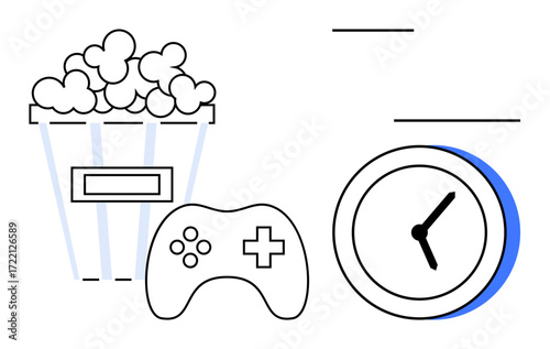 Popcorn, game controller, and analog clock visualize fun, relaxation, entertainment, gaming, recreation, productivity leisure. Ideal for lifestyle balance time planning simple flat metaphor