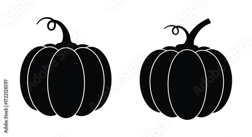 Two black silhouette pumpkins with curled stems isolated on white background